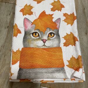 FALL CAT IN SCARF w/ Leaves Falling Kitchen Towel Set 2 Pc Harvest Autumn NEW!